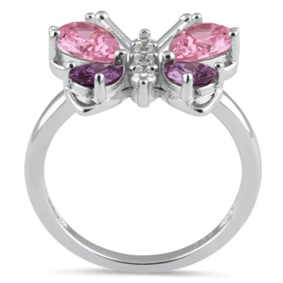 925 STERLING SILVER Simulated Amethyst & Pink Sapphire CZ Butterfly Ring - Picture 15 of 16